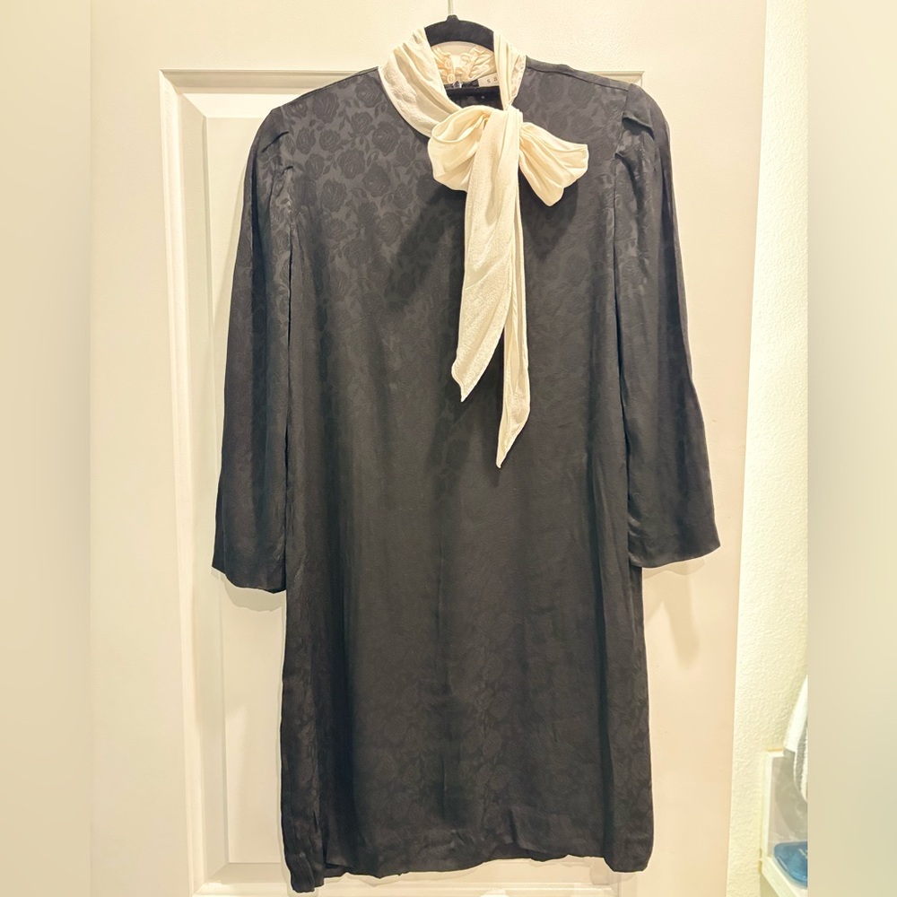 Sandro Black Dress with Cream Bow Neck Tie